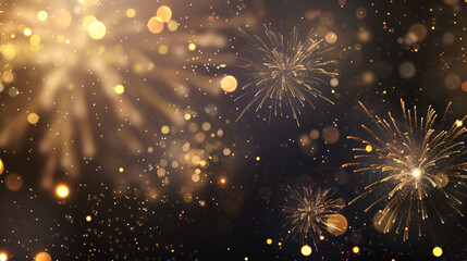 Gold Fireworks Vector Background with Bokeh. Abstract Festive Celebration Illustration, Sparkling Lights Design, Generative AI


