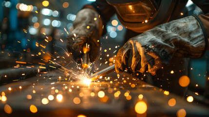 Skilled welder in protective gear welding metal with sparks flying around in industrial setting.