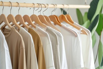 Clean, ironed t-shirts on a hanger in a store or at home in a light wardrobe. Clothing store concept for sale	
