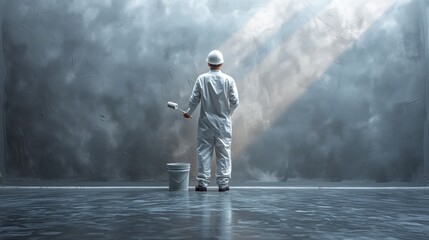 man getting ready to paint a wall in a large room - obrazy, fototapety, plakaty