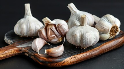 Whole Garlic Cloves on a Wooden Plate, Elegantly Presented on a Cutting Board with a Black Background