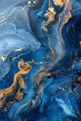 Fototapeta premium Vertical Blue and Gold Abstract Painting on a Luxurious Marble Acrylic Background: A Close-Up View.