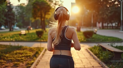 Dusk's Cadence - A Girl, Her Headphones, and the Peaceful Path of a Sunset Run in the Park