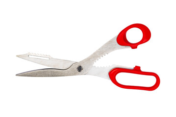 Top view a pair of metal with red plastic handle kitchen scissors or shears isolated on white background with clipping path.