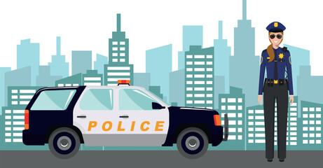 Naklejka premium Young Cute Smiling Standing Policewoman Officer in Uniform with Police Car and Modern Cityscape in Flat Style. Vector Illustration