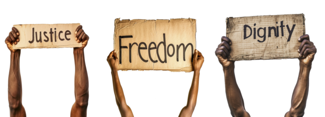 African American people's arms rising posters claiming for justice, freedom and dignity. Isolated over white transparent background