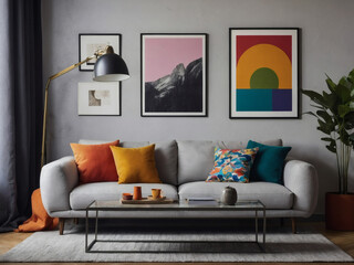 A light grey sofa with vibrant pillows against a wall showcasing art poster frames, bringing together pop art influences and Scandinavian home interior design in the modern living room.