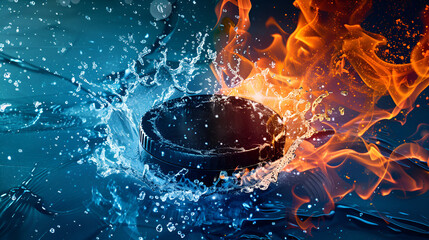 Explosive Ice Hockey Puck: Dynamic Action Shot, Fire and Water Elements Collide, Intense Sporting Moment, Frozen Game On Ice Rink, Fiery Competition, Generative Ai

 - obrazy, fototapety, plakaty