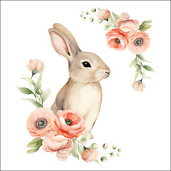 watercolor floral wreath frame Spring wild flowers with Easter bunny - 757273250
