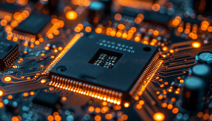 Close-Up of Glowing Circuit Board, microprocessor with Integrated Microchip. IT Information technology