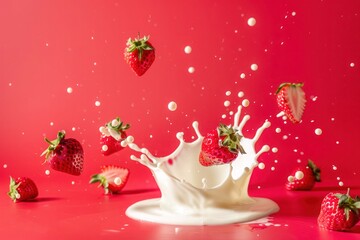 Obraz na płótnie Canvas Strawberries floating in the air with milk or yogurt splashes and droplets against red background. 