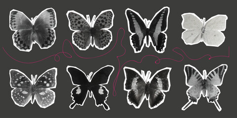 Fototapeta premium Set of butterflies in halftone. Y2K style. Vector illustration