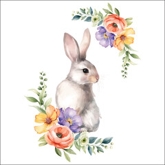 watercolor floral wreath frame Spring wild flowers with Easter bunny - 757273678