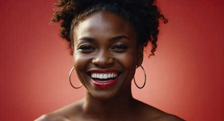 Portrait of attractive beautiful model black african woman optimistic happy laughing on plain bright red background from Generative AI