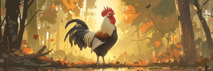 A cheerful rooster crowing at the break of dawn