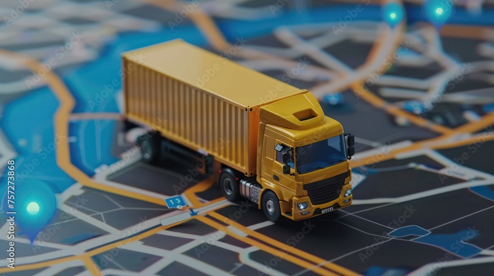 Poster gps tracking from top view moving truck with container on a map.