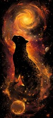 A leopard silhouetted against a stunning gamma-ray burst in an interstellar setting, with celestial bodies in orbit around it - obrazy, fototapety, plakaty