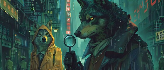 On rain slicked city streets a robot wolf detective and a human counterpart share a magnifying glass piecing together puzzles - obrazy, fototapety, plakaty