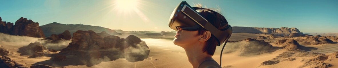 Virtual reality experience of flying over desert landscapes designed with minimalist aesthetics powered by electric vehicle technology - obrazy, fototapety, plakaty