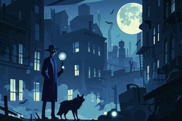 In the shadowy corners of the city a detective with a robot wolf sidekick investigates with a magnifying glass under a full moon - obrazy, fototapety, plakaty