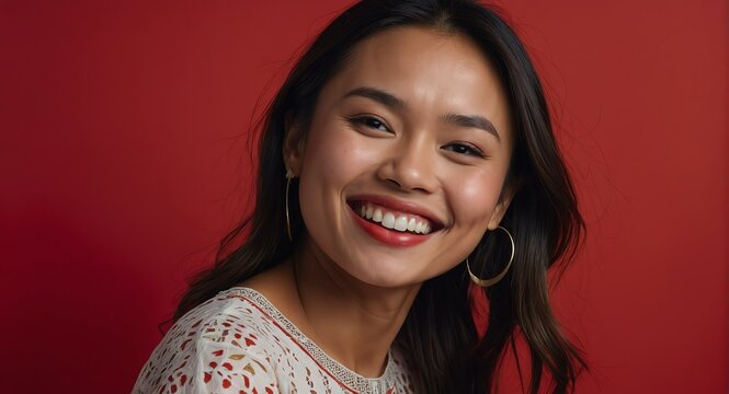Portrait of attractive beautiful model filipina woman optimistic happy laughing on plain bright red background from Generative AI