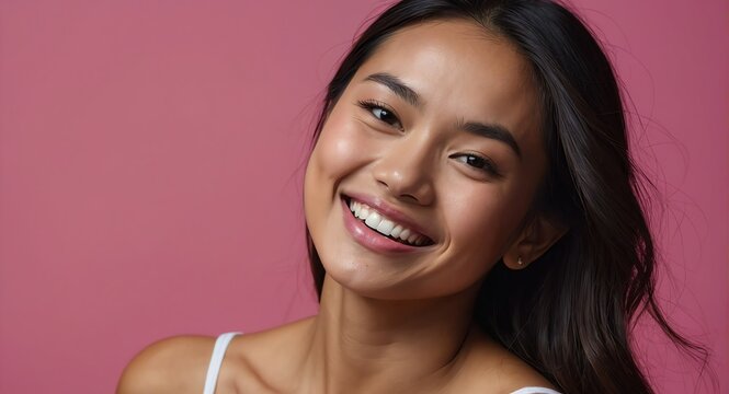 Portrait of attractive beautiful model filipina woman optimistic happy laughing on plain bright pink background from Generative AI