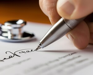 Hand signing a medical document close up emphasizing the signature and the stethoscope in the background symbolizing healthcare decisions