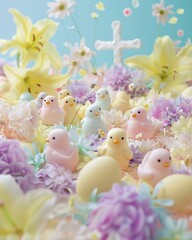 Marshmallow chicks in a sea of pastel colors with lilies and crosses embellishing the Easter parade route