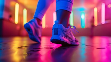 Vibrant Zumba dance workout, energetic feet in motion on a neon-lit floor