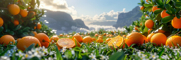 Oranges fruits in sunlight and orange farm, mountain tropical forest nature background.