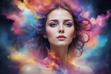 Obraz na płótnie Canvas portrait of a beautiful fair-skinned girl in multicolored cosmic smoke. double exposure