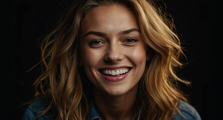 Portrait of attractive beautiful model woman optimistic happy laughing on plain bright black background from Generative AI
