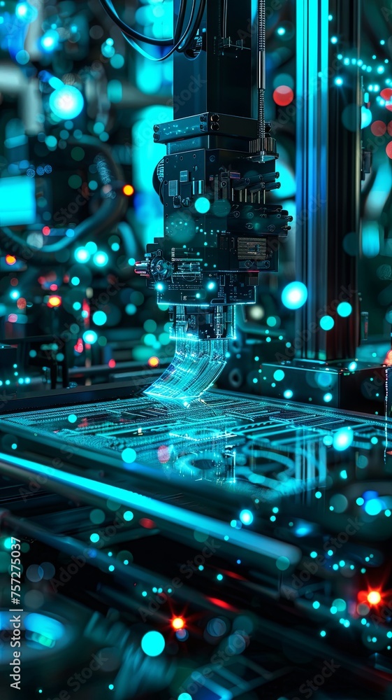 Poster precision robotics in circuit board manufacturing a robotic arm engages in the delicate assembly of 
