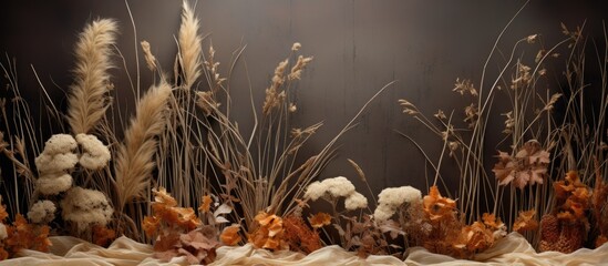 A collection of dried flowers and grass arranged on a dark background, creating a natural landscape art piece with terrestrial plants, showcasing the beauty of plants even in a dormant state - obrazy, fototapety, plakaty