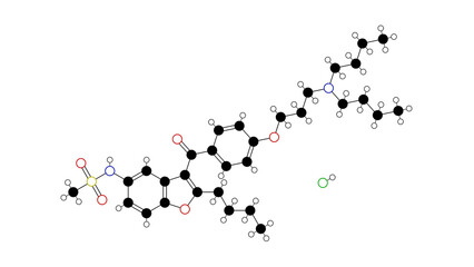 dronedarone hydrochloride molecule, structural chemical formula, ball-and-stick model, isolated image benzofuran derivative