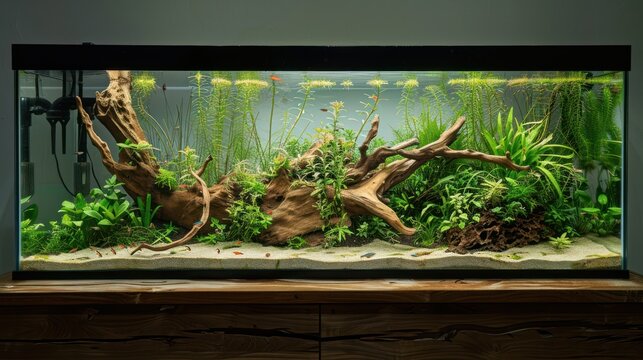 large aquascape aquarium with driftwood in a modern home 