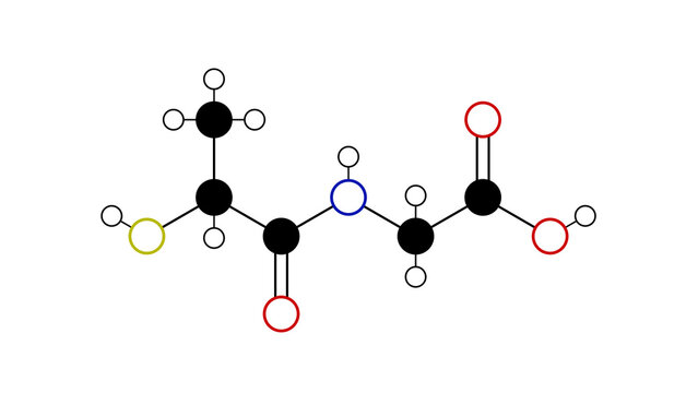 tiopronin molecule, structural chemical formula, ball-and-stick model, isolated image thiola