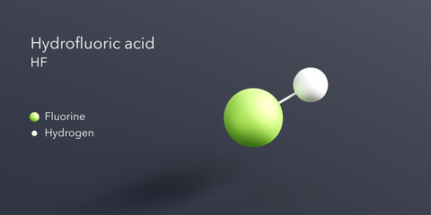 hydrofluoric acid molecule 3d rendering, flat molecular structure with chemical formula and atoms color coding