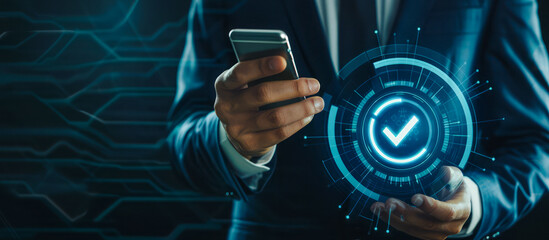 Businessman in suit uses smartphone for online form, digital interface boosts efficiency