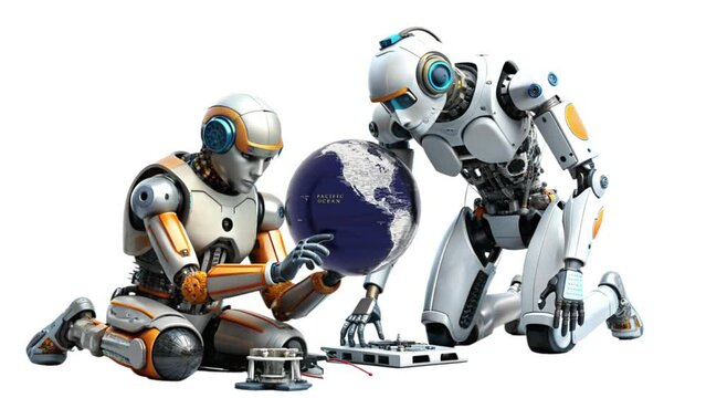 artificial intelligence and robots control people on the planet, full control of the planet, concept, on a white background