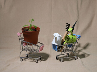 The cart contains gardening tools, rakes, shovels, a green house flower in a pot and watering cans.