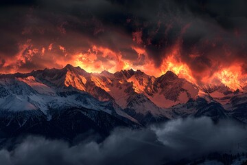 A breathtaking red sunset casts warm hues over the snow-capped Alps against a brooding grey sky.