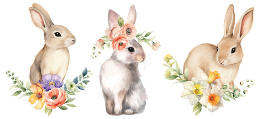 watercolor Easter bunny illustration with floral spring bouquets of wild flowers - 757276634