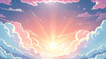 Fototapeta na wymiar Sky with clouds cartoon background. Anime style background with shining sun and white fluffy clouds. Sunny day sky scene cartoon illustration. Heavens with bright weather.