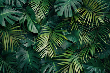 Beach cheerful pattern wallpaper of tropical dark green leaves of palm trees. - obrazy, fototapety, plakaty