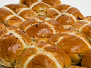 Hot cross, buns and easter or food vacation for traditional brunch or celebration baked goods, pastry or religion. Snack, meal and festive season fiber or nutrition dessert as treat, recipe or event