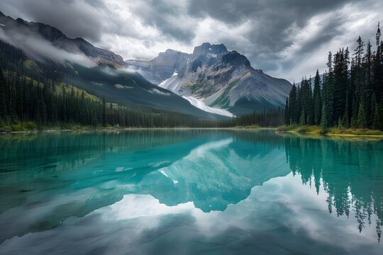 Emerald Lake Serenity: Turquoise Waters, Mountain Peaks Reflection, Pine Trees, and Cloudy Sky