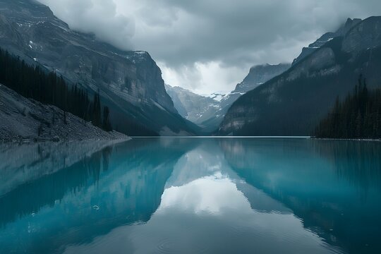 Serene Lake Y Dungeon, Canada: Turquoise Waters Mirror Towering Mountains Under a Cloudy Sky
