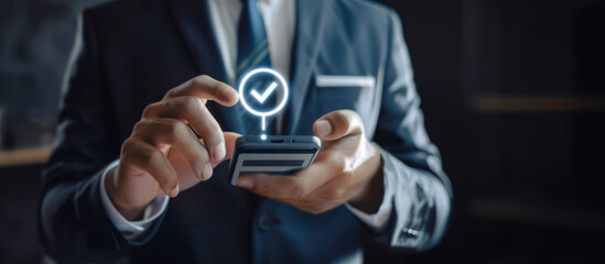 Businessman in suit completes form on smartphone, digital interface boosts efficiency, customer service.