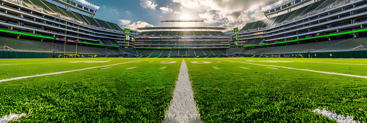 Green Field in American Football Stadium. Ready for Exciting Game Day Action, Sports Arena with Spectators, Generative AI

 - obrazy, fototapety, plakaty